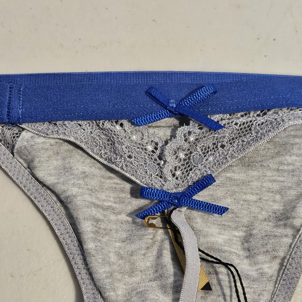Love Haus By Beach Bunny Heather Grey Blue Lace Trim Thong Panty XL SR2019 - Picture 4 of 4
